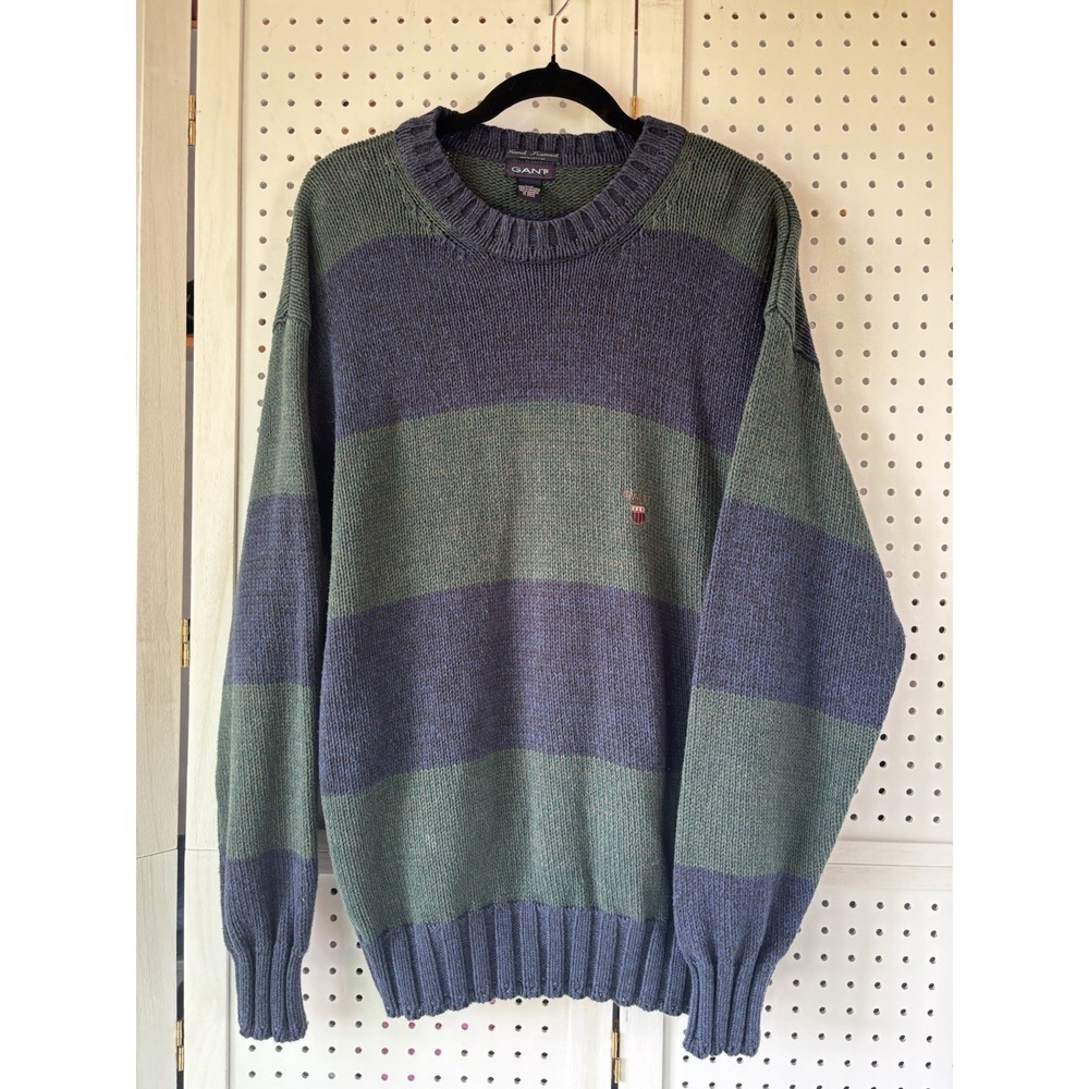 VTG Gant Hand Framed Striped Pullover Sweater Blue Green Crew Preppy Men's Lg